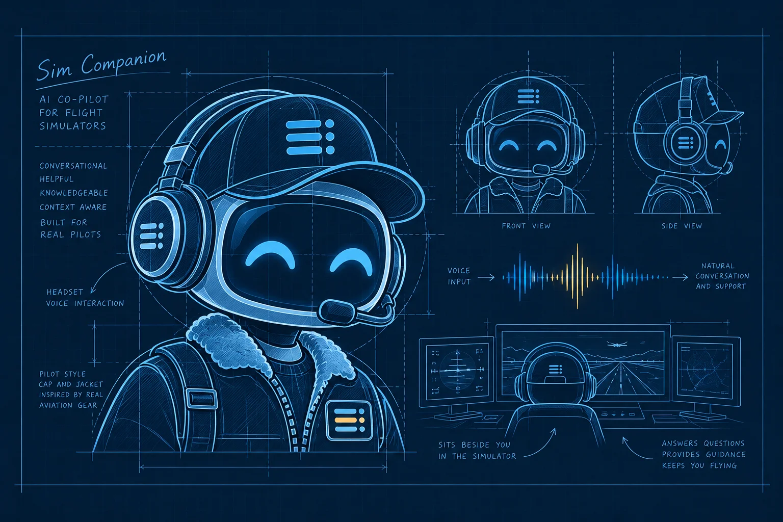 Sim Companion blueprint character wearing a pilot cap and headset, shown in a close-up.